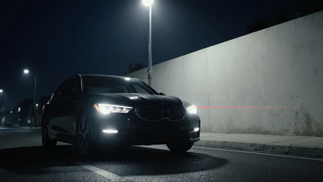 Car at night showing LED low‑beam pattern on wall, aim tool laser dot indicating proper alignment.