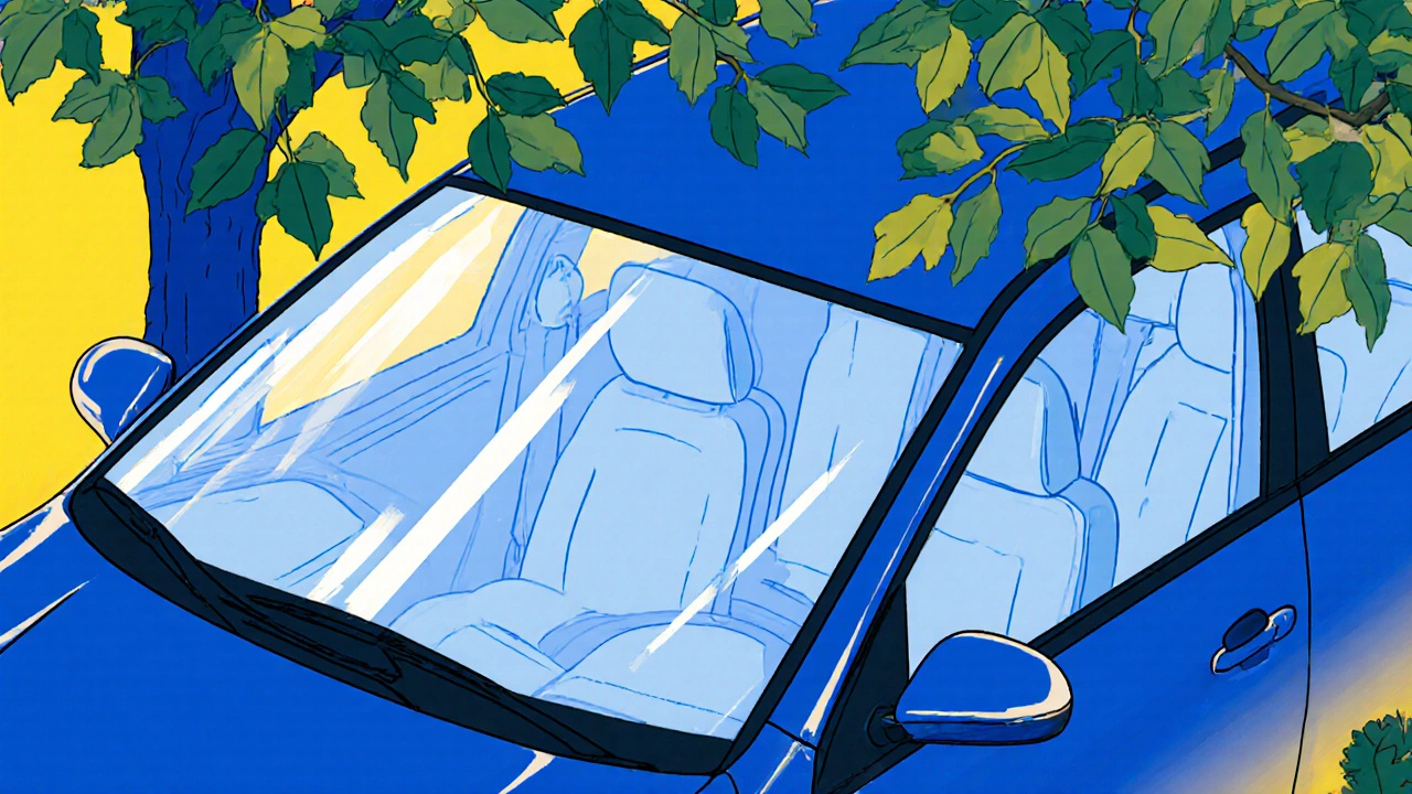 Car equipped with sunshade, tinted windows, and light seat cover reflecting sunlight.