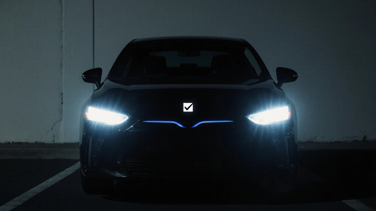 Car with LED low beams aimed at a wall, displaying a sharp cutoff line at night.