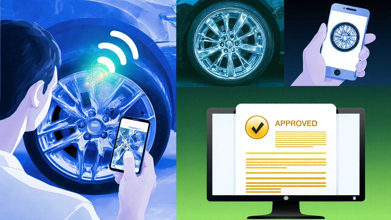 Collage of steps: photographing wheels, calling insurer, uploading images, receiving approval.