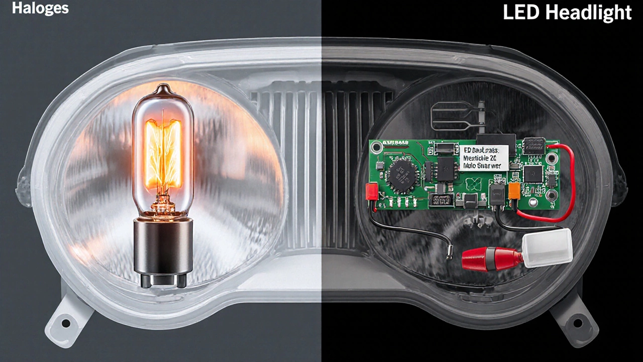 Cutaway showing halogen bulb versus LED headlight with heat sink and CANbus components.