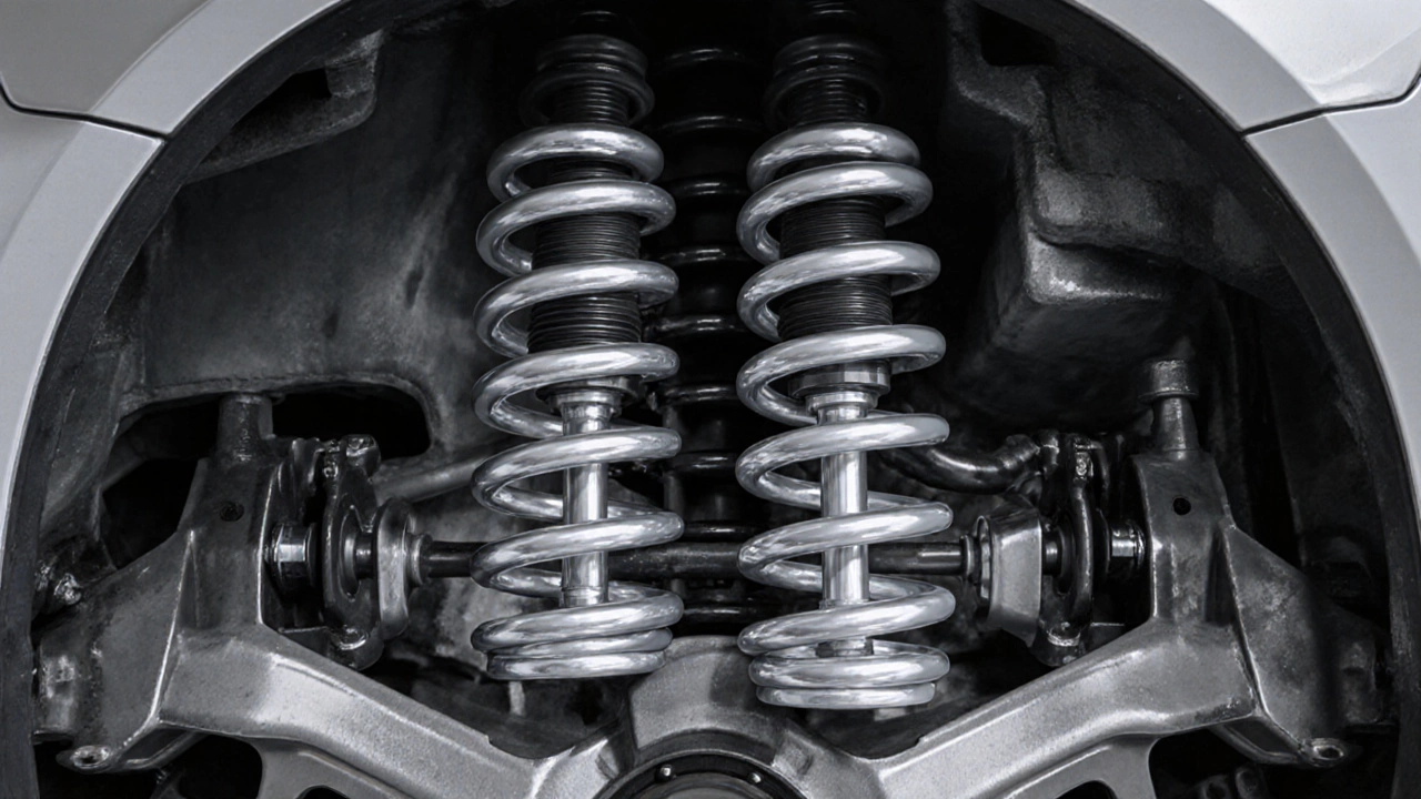 Cutaway view comparing stock and lowering springs with shocks and brackets.