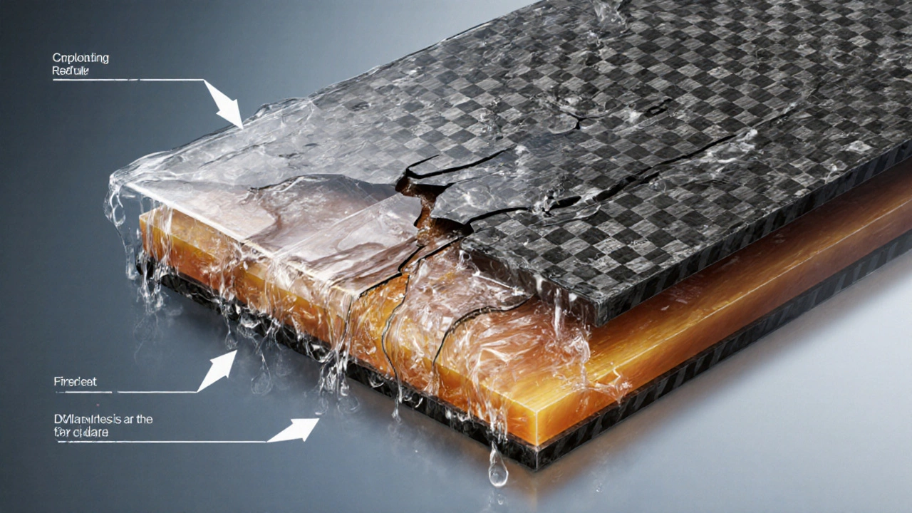 Cutaway view showing water penetrating resin and causing delamination in carbon‑fiber.