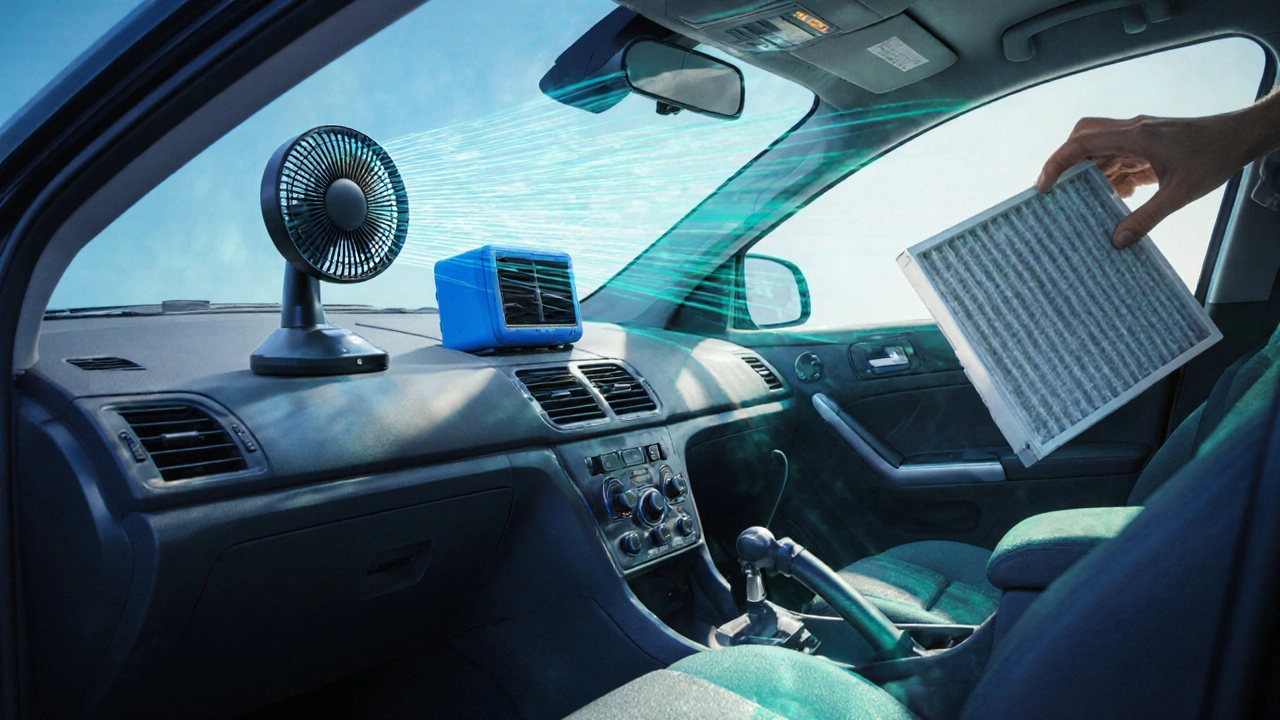Dashboard fan and portable AC unit circulating cool air inside a car.