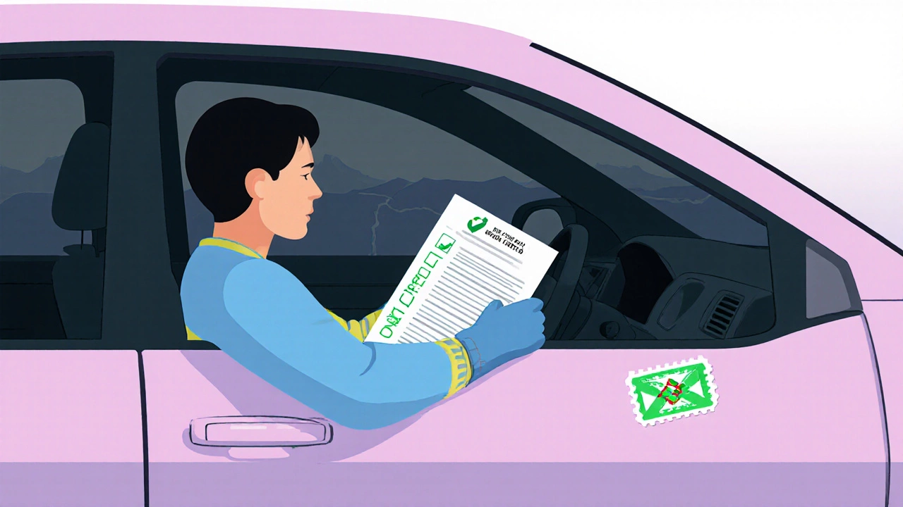 Driver checks glove compartment for tint receipt and sticker beside dark rear window.