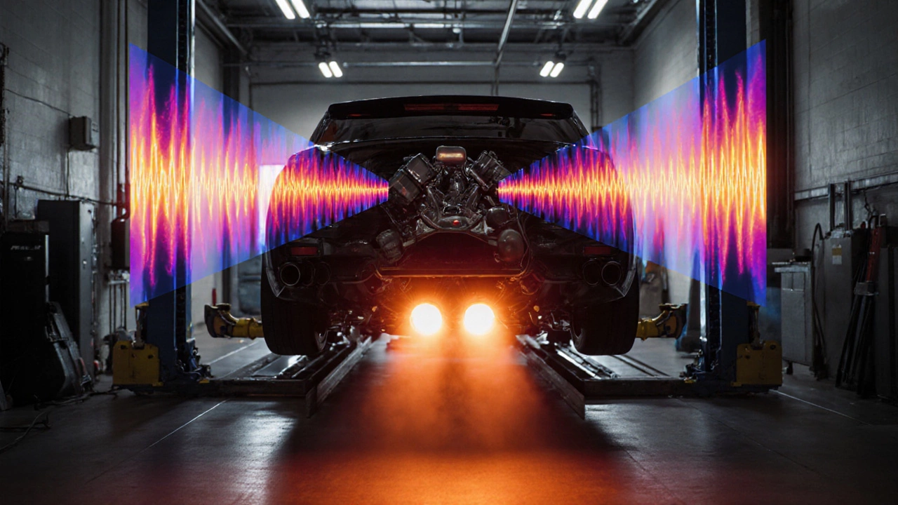 Dyno testing scene with visible sound waves and hot exhaust plume from a V8.