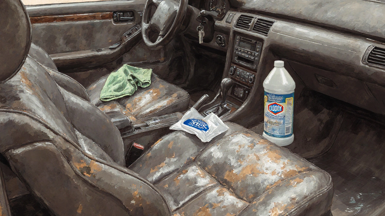 Faded leather seats and a damaged matte dashboard beside safe car cleaning products.