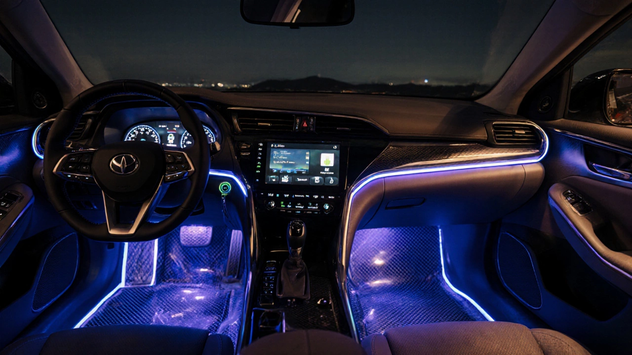 Finished car cabin illuminated by ambient LEDs and upgraded audio touchscreen.