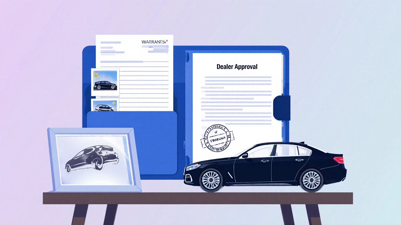 Folder filled with receipts, photos and a car silhouette representing warranty protection.