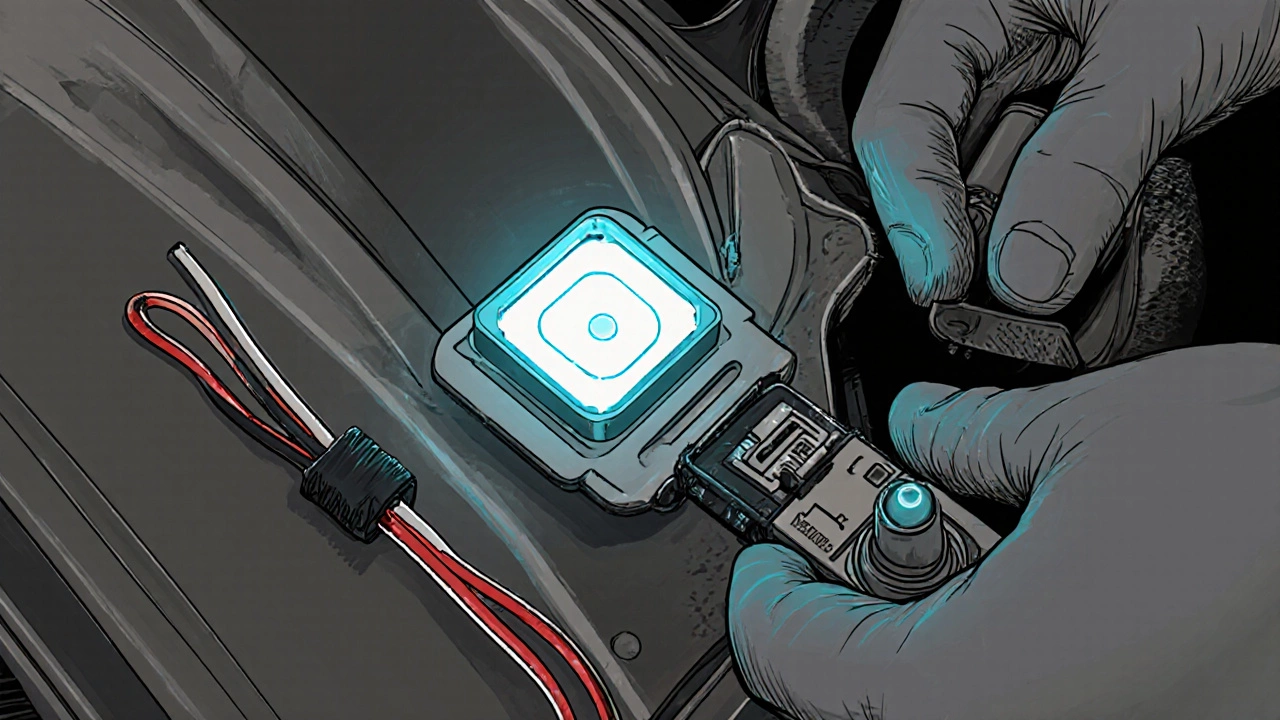 Gloved hands installing LED unit and load resistor into headlight housing with wiring harness.