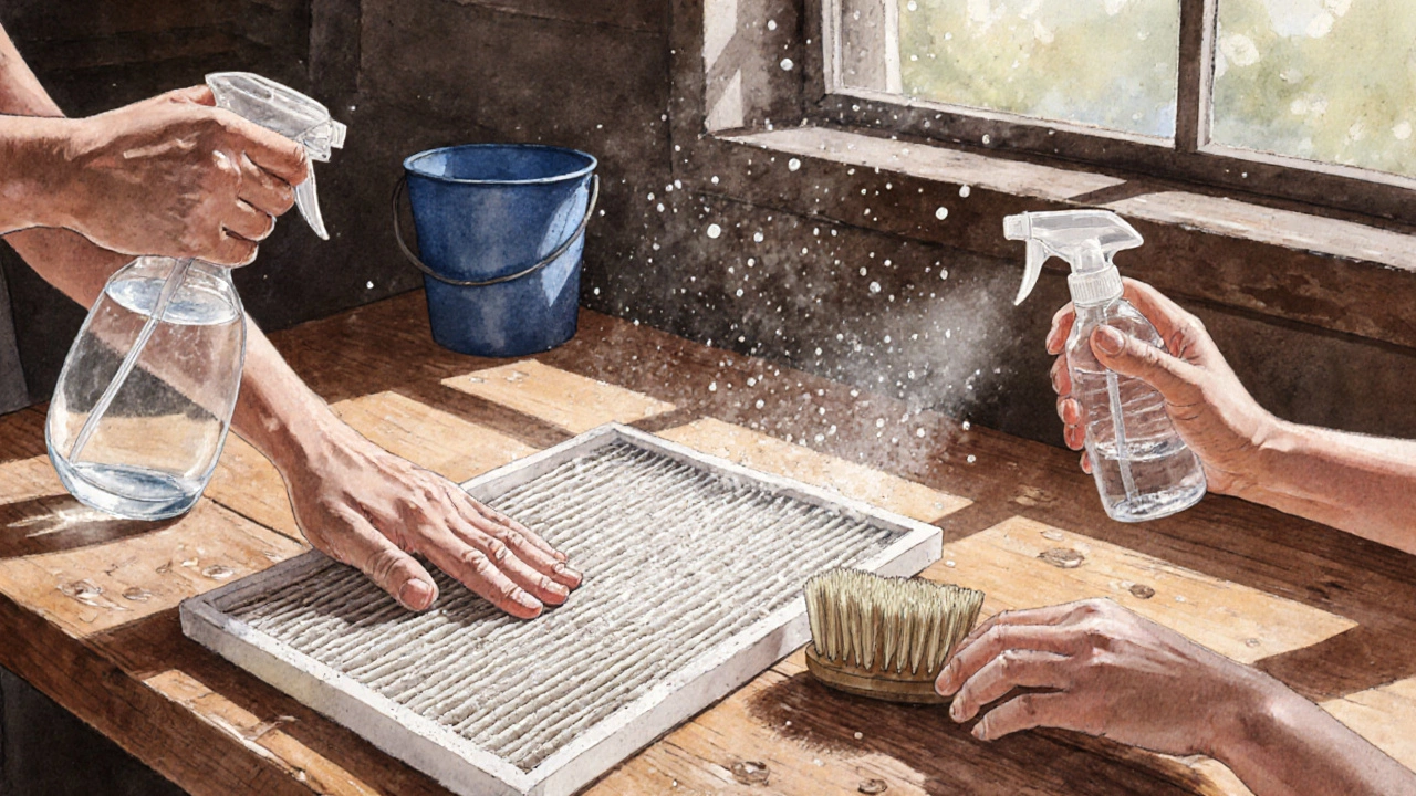 Hands cleaning a performance air filter with brush, spray bottle, and water on a workbench.