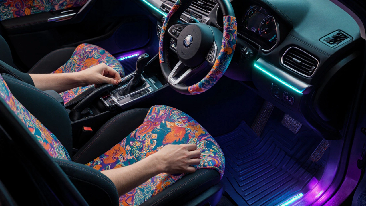 Hands installing seat cover, steering wheel wrap, LED lighting, and floor mats.