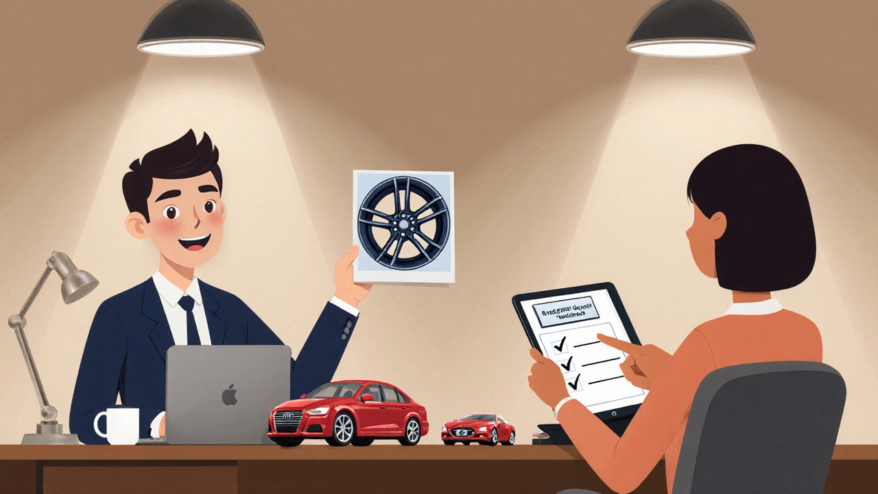 Insurance agent reviewing a photo of new alloy wheels on a desk with the car owner.
