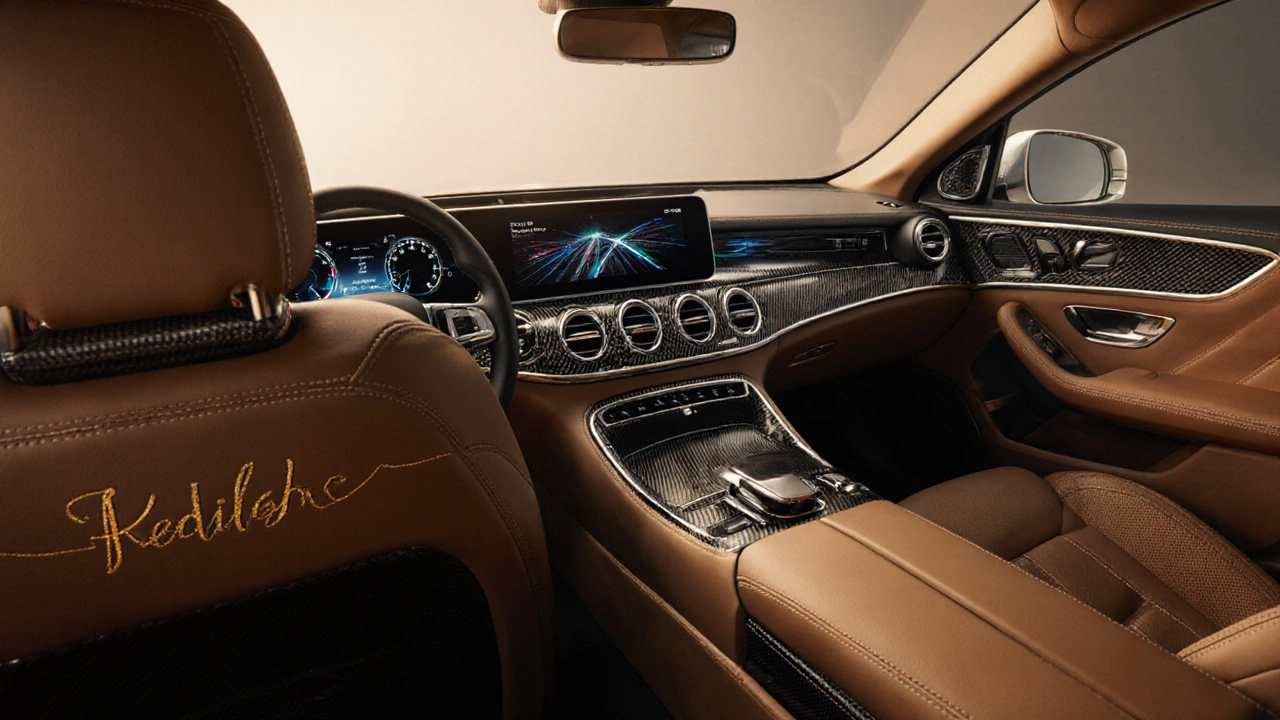 Luxurious car cabin featuring leather seats, carbon fiber trim, and OLED display.