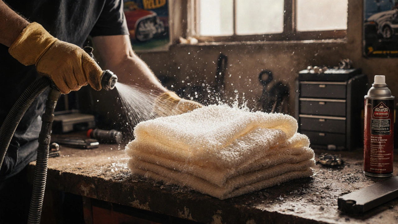 Mechanic cleaning an oiled air filter with water spray and re‑applying oil in a garage.