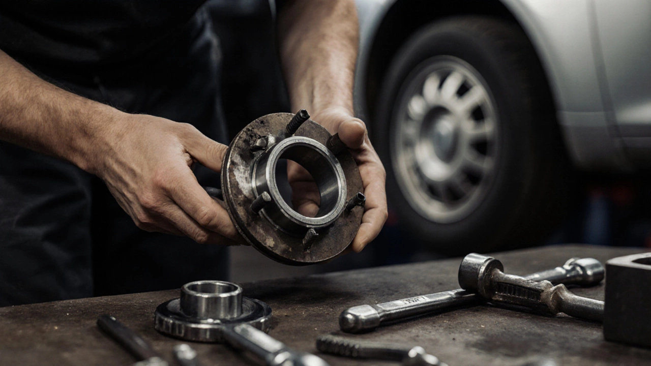 Mechanic inspecting a worn wheel bearing beside a spacer, tools and modified car in background under dim workshop light.