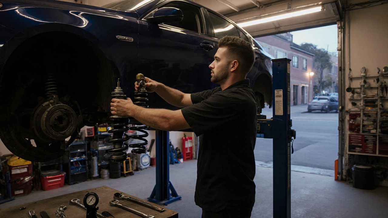 Mechanic installing lowering springs on a lifted car in a garage.