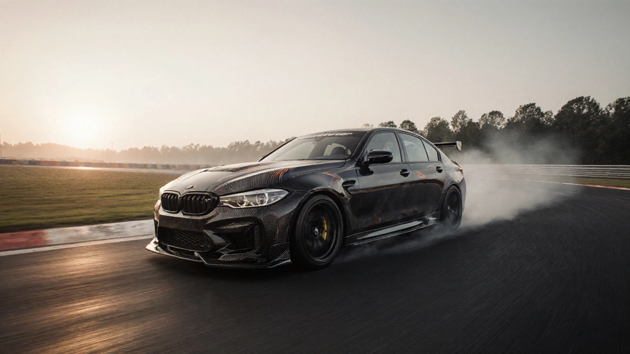 Modified car racing on a track curve, highlighting aerodynamic upgrades and carbon‑fiber parts.