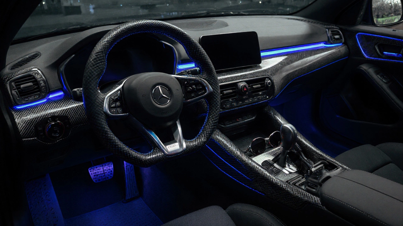 Nighttime car interior with carbon‑fiber dashboard, blue LED ambient lighting, and upgraded steering wheel.