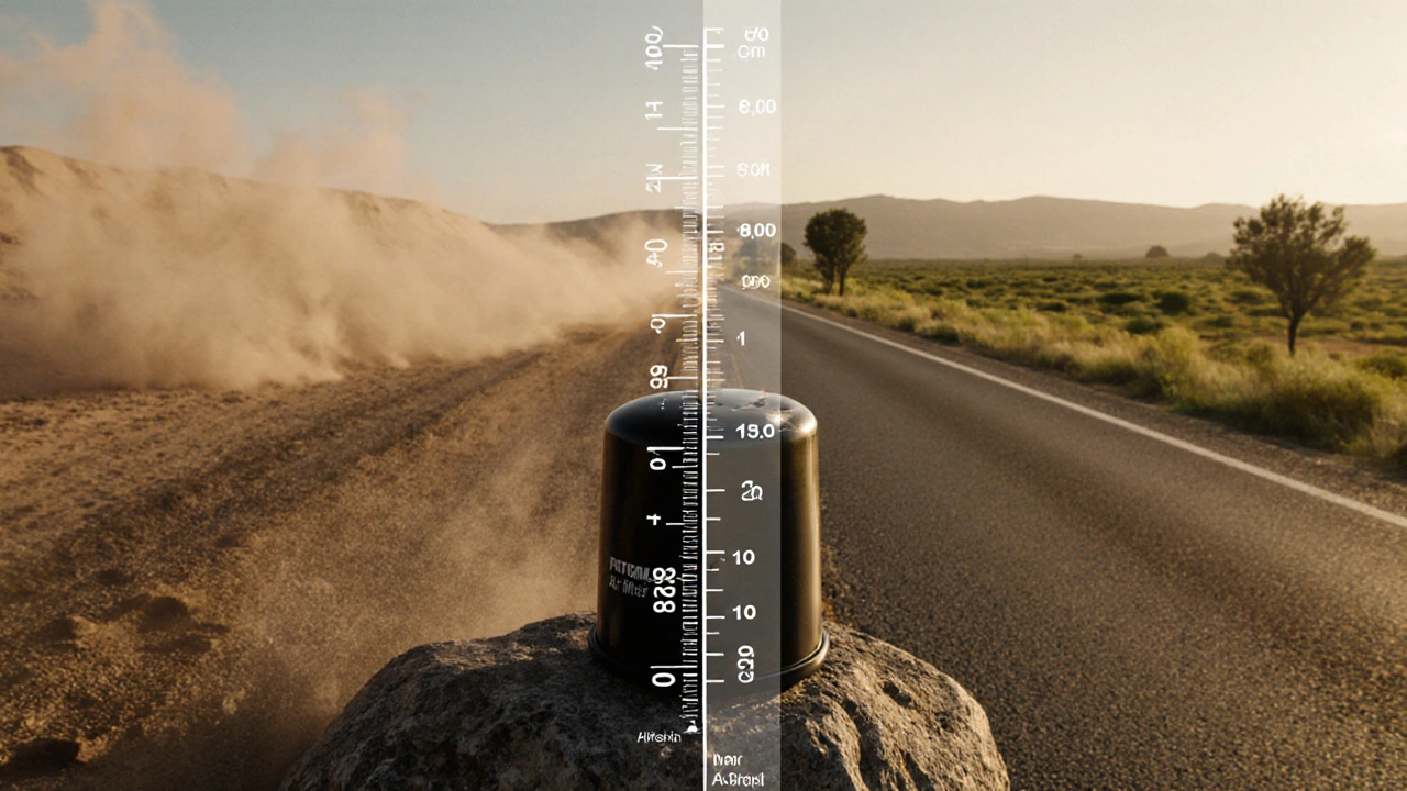 Performance filter on a rock beside a split road showing dusty desert and clean countryside, suggesting long lifespan.