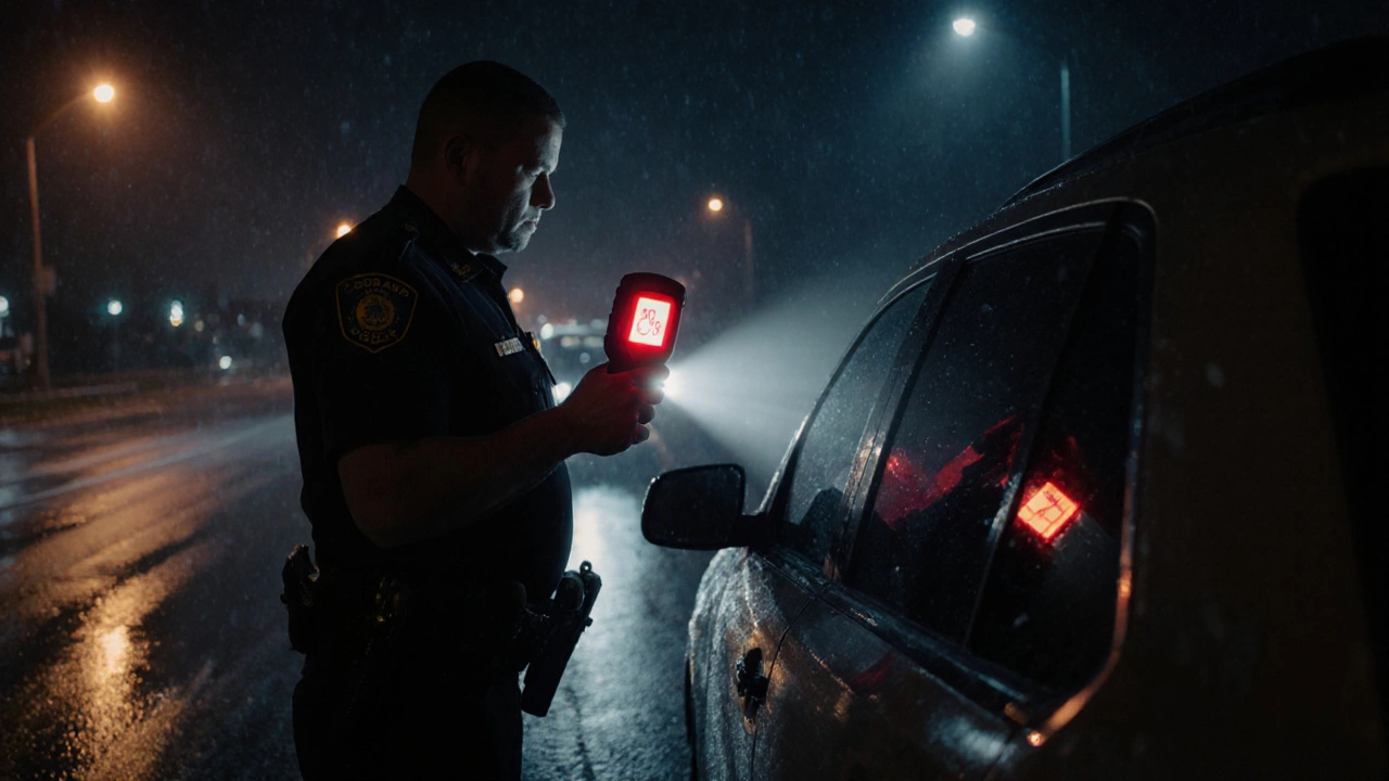 Police officer uses handheld tint meter on a car’s dark rear window at night.