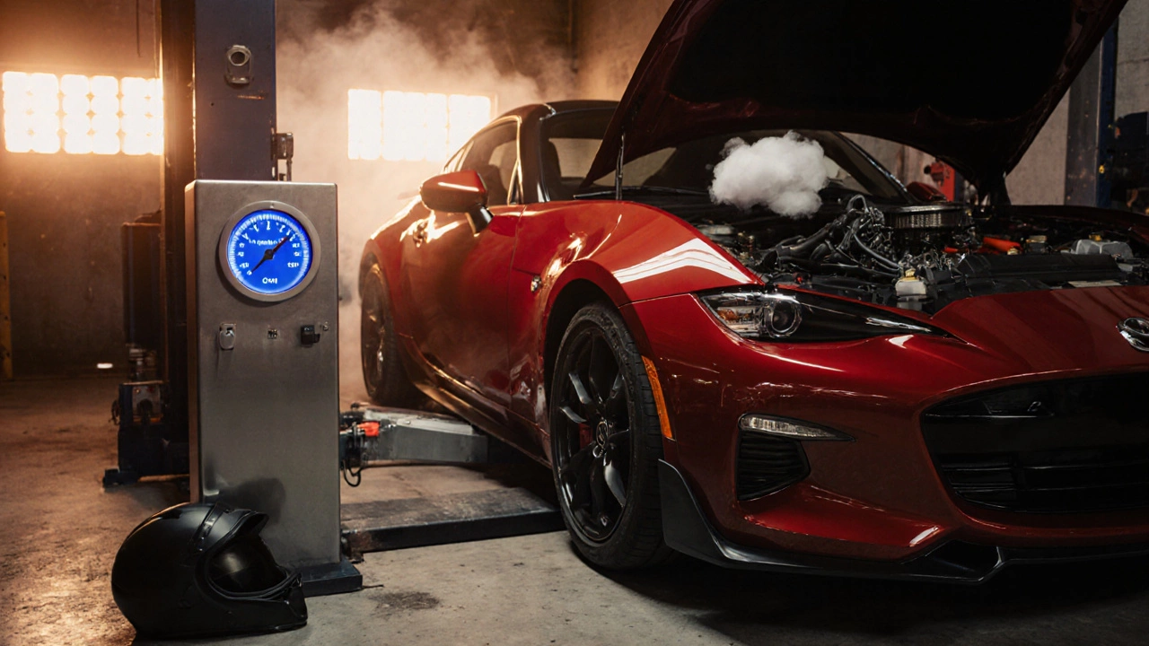 Red V8 sports car on a dyno with glowing airflow gauge and faint exhaust plume.