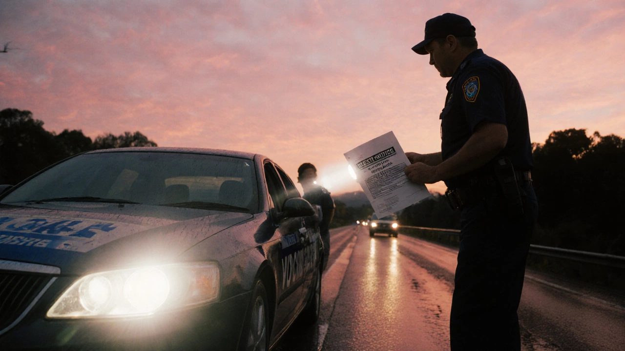 Road inspector confronting a car with illegal LED headlights creating glare on a wet dawn highway.