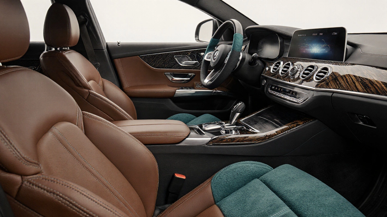 Sedan interior showing leather, Alcantara, and vinyl seats with various dashboard trims.