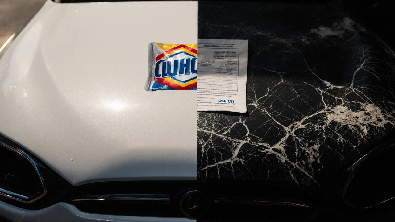 Split dashboard showing pristine vs. chemically damaged surfaces with a Clorox wipe above.