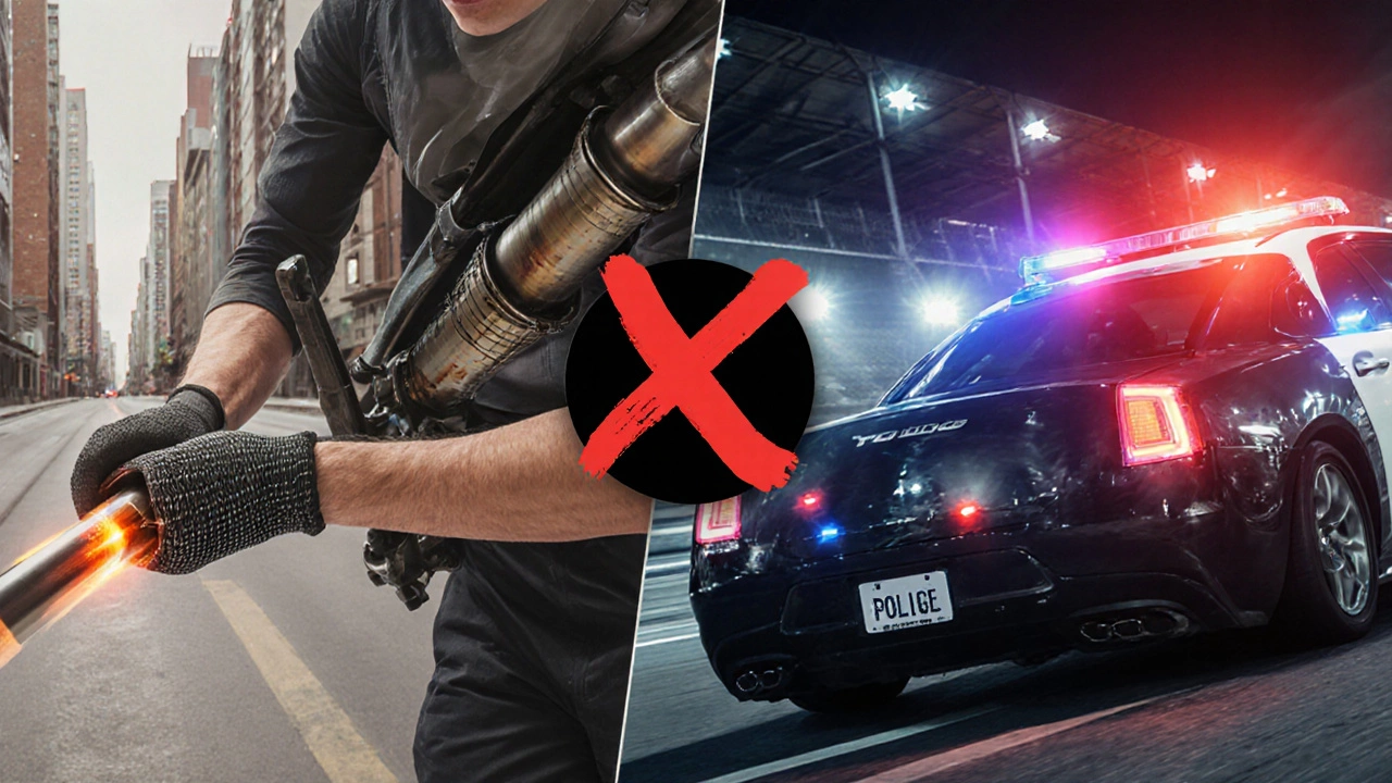Split scene comparing legal cat‑back pipe installation and illegal full straight pipe.