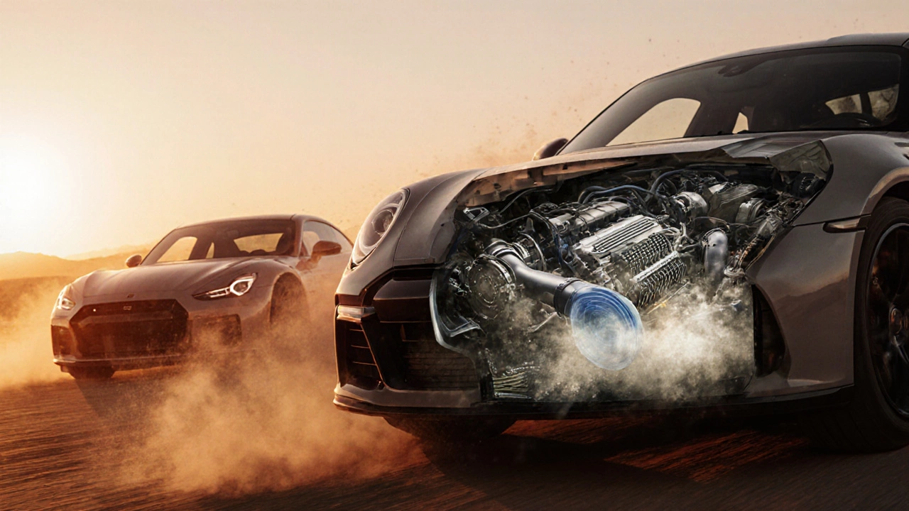 Sports car on a dusty track showing an oiled filter trapping dust while a dry filter lets some through.