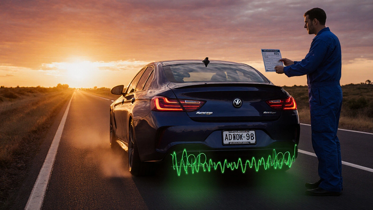 Sports car with legal MagnaFlow exhaust cruising at sunset, driver receiving ADR certificate.