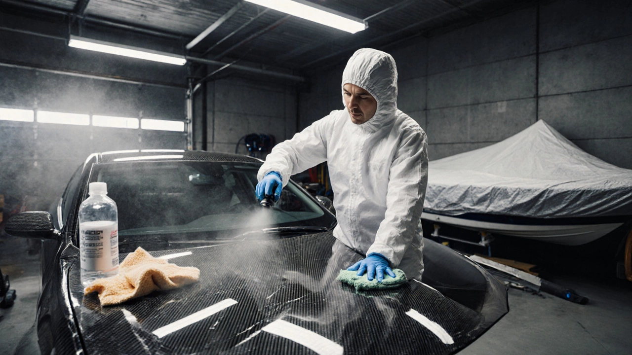 Technician applying clear protective coating to a carbon‑fiber car hood in a garage.