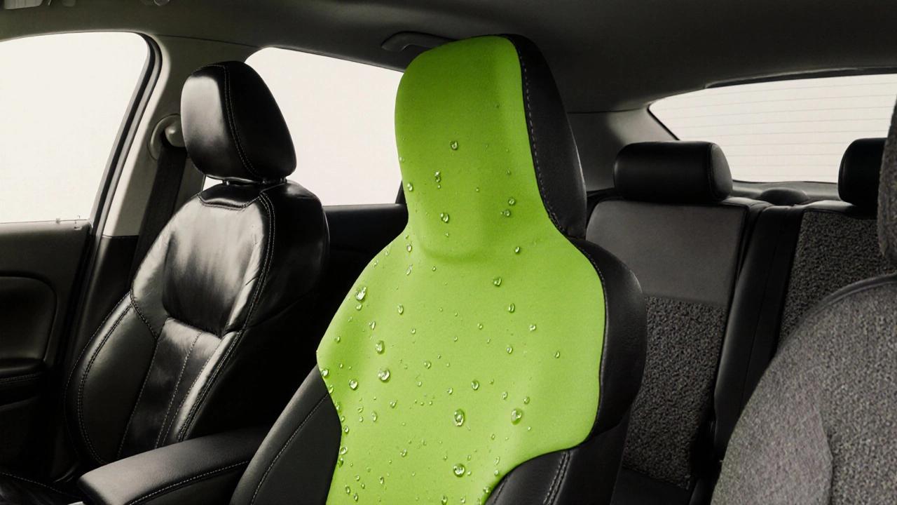Three car seats showing leather, neoprene, and fabric covers with distinct textures and colors.