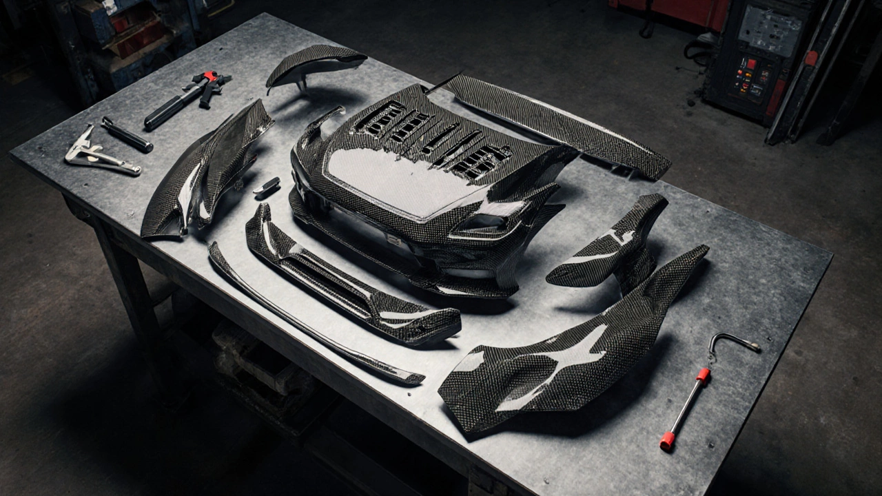 Workshop scene with full body kit components laid out and tools ready for installation.