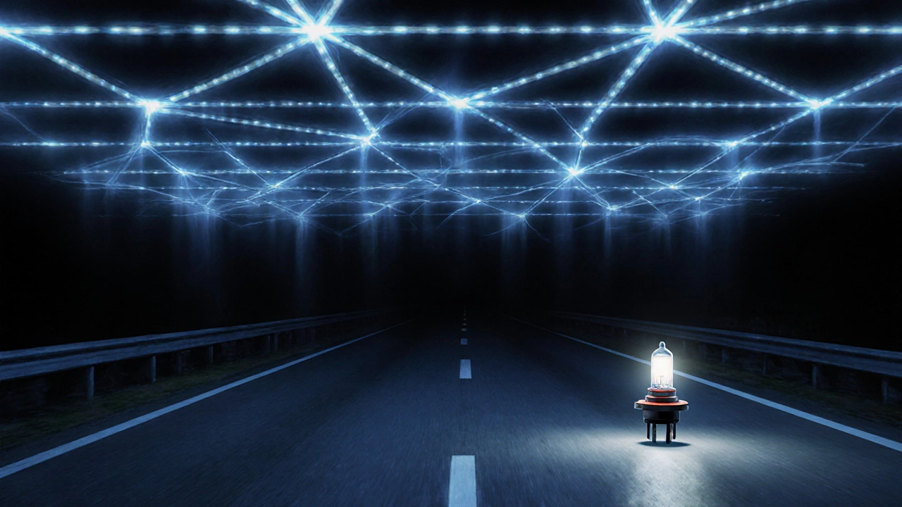 A driver&#039;s view overwhelmed by intrusive, ghostly LED glare beams obscuring the road ahead.