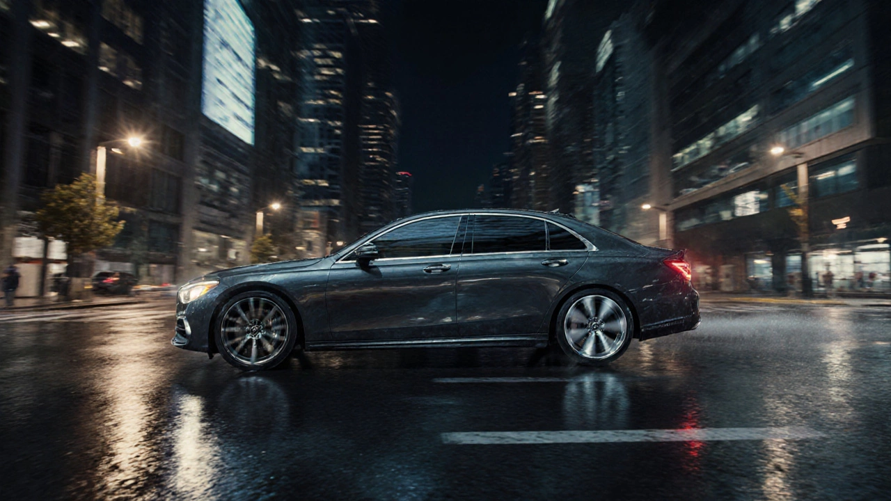 Car driving at night with steel and alloy wheels visible, reflecting city lights on wet pavement.