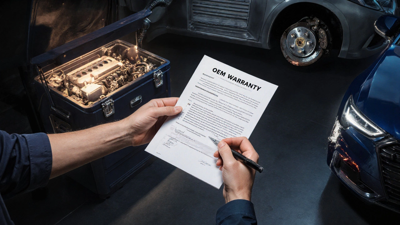 Car owner handing warranty papers to a dealer, with OEM and aftermarket parts visible in a lit vs. dim room.