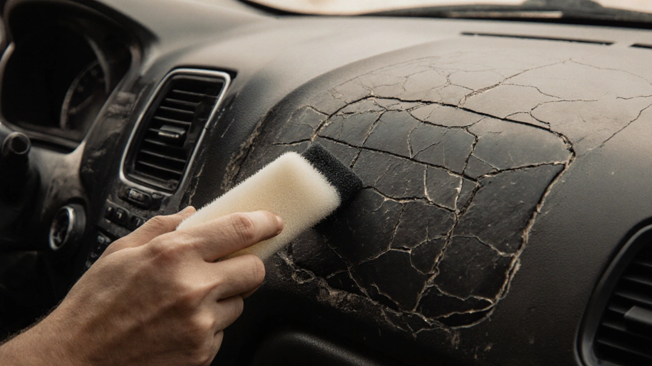 Close-up of trim restorer being applied to a cracked dashboard, matte finish emerging.