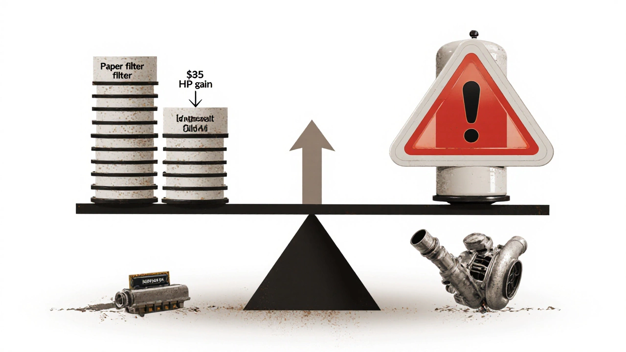 Conceptual scale comparing cheap paper filters to expensive performance filters with a broken turbocharger below.