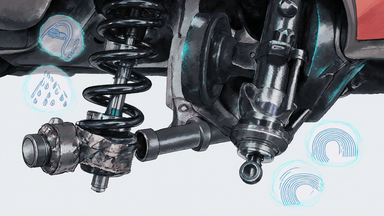 Cross-section comparison of damaged lowering spring versus advanced coilover suspension with adjustable features.