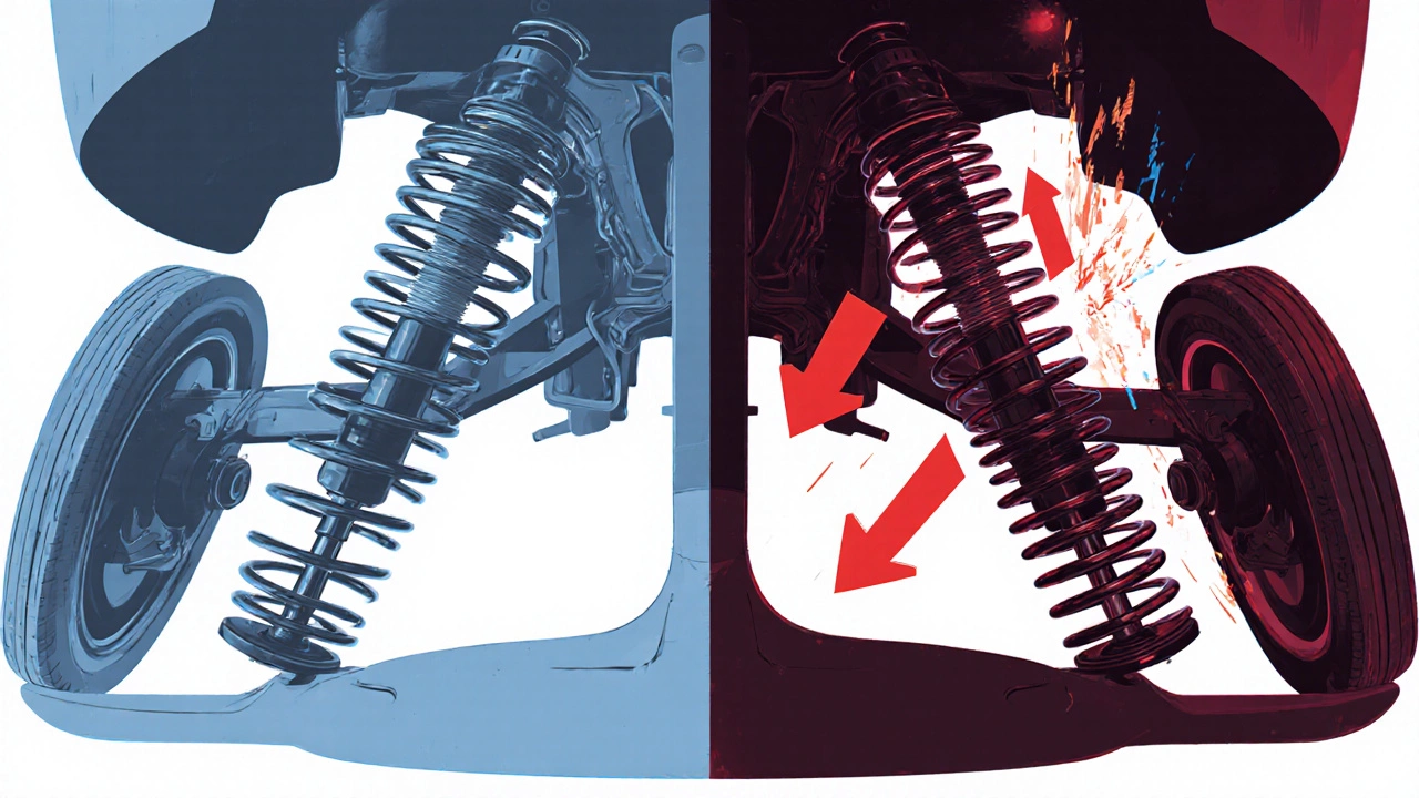 Cross-section comparison of factory and lowering springs with shock absorber forces.