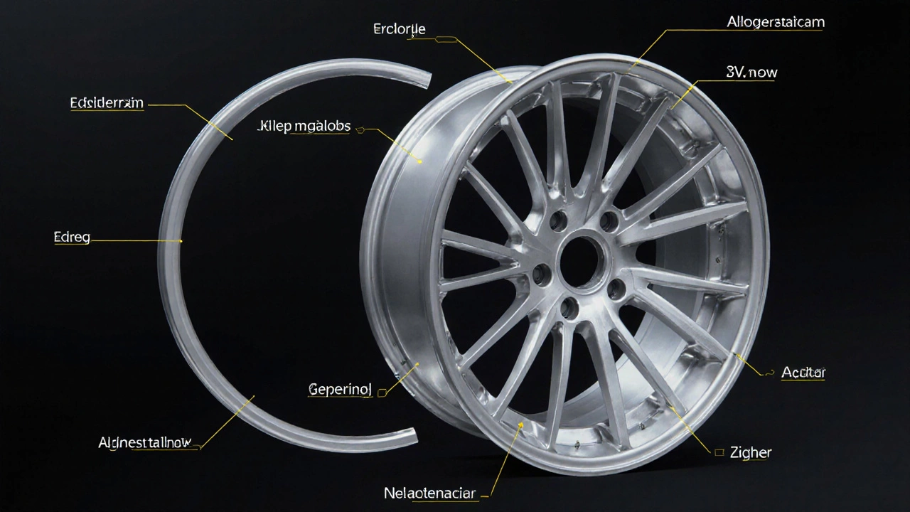 Cross-section diagram of a wheel, labeling rim and alloy wheel components in metallic tones.