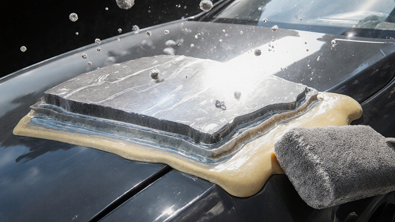 Cross-section of car paint layers showing synthetic sealant, hybrid wax, and reflective shine with contaminants being removed.