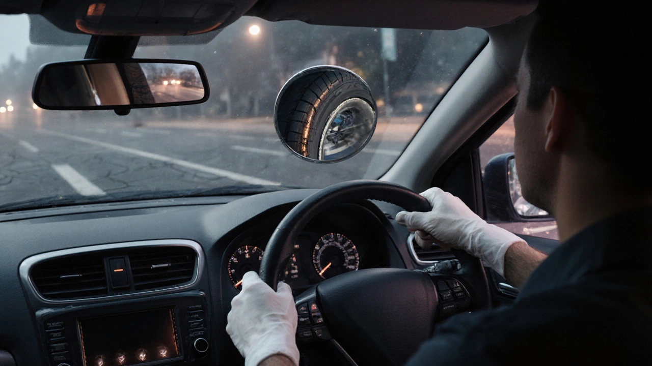 Driver&#039;s hands gripping wheel, reflection showing worn tire and damaged suspension part.