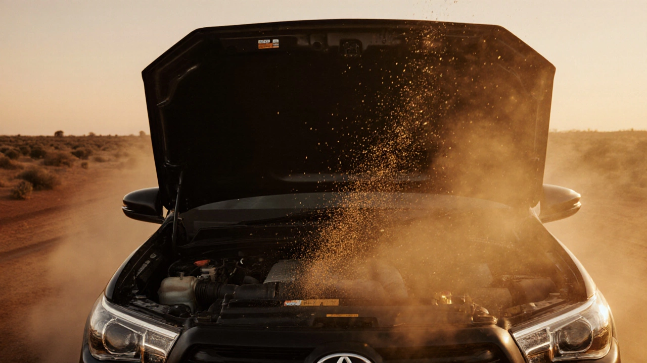 Dusty outback landscape with a pickup truck’s open engine bay, showing airborne particles entering the air intake.