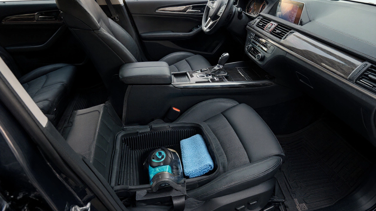 Freshly restored car interior with new floor mats, clean seats, and organized storage.