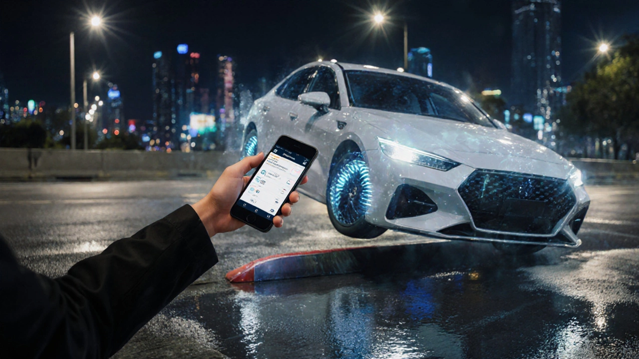 Hand using smartphone app to raise air suspension over a speed hump, car slightly elevated above rainy road.