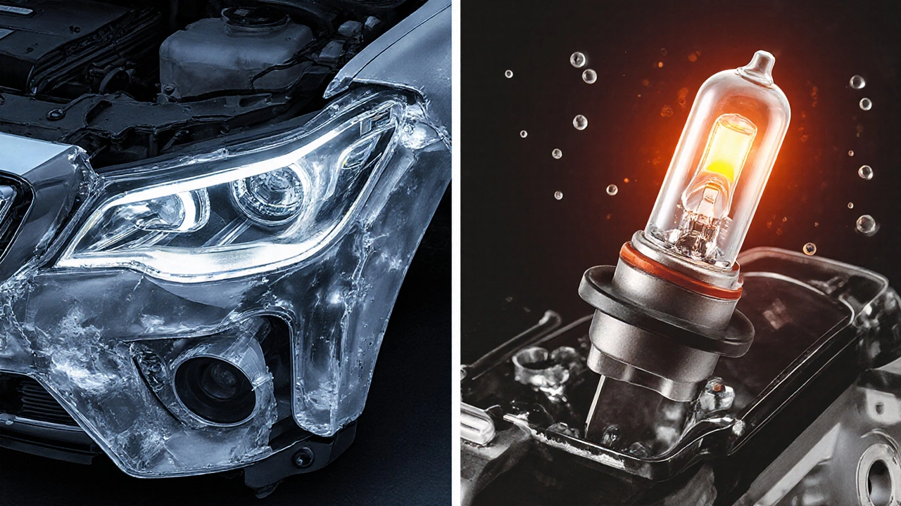 Inside a headlight assembly: factory LED with cooling system vs. aftermarket bulb causing heat damage and fogging.