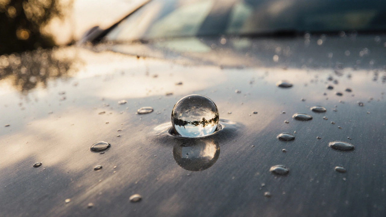 Perfect water beading on a waxed car hood contrasting with flat water spread on unwaxed surface under sunlight.